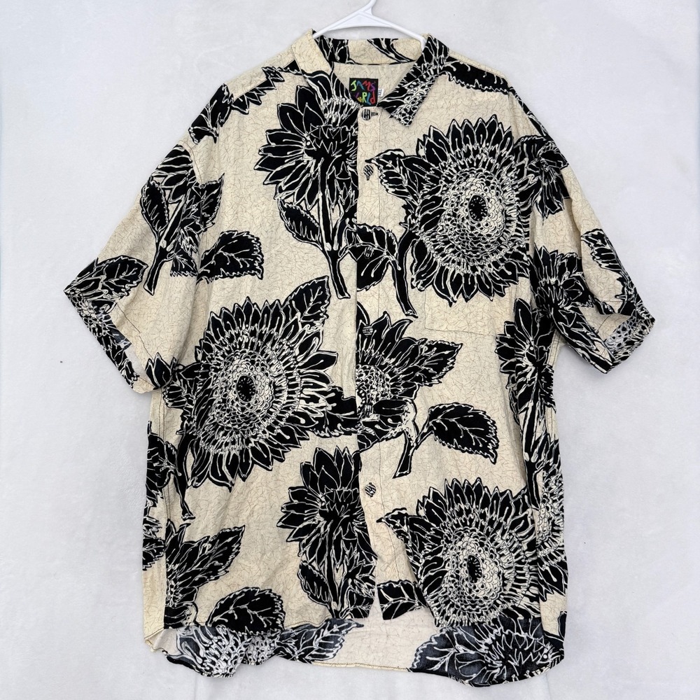 Vintage Jams World Shirt Mens 2XL Beige Floral Sunflower Hawaiian Rayon Pocket